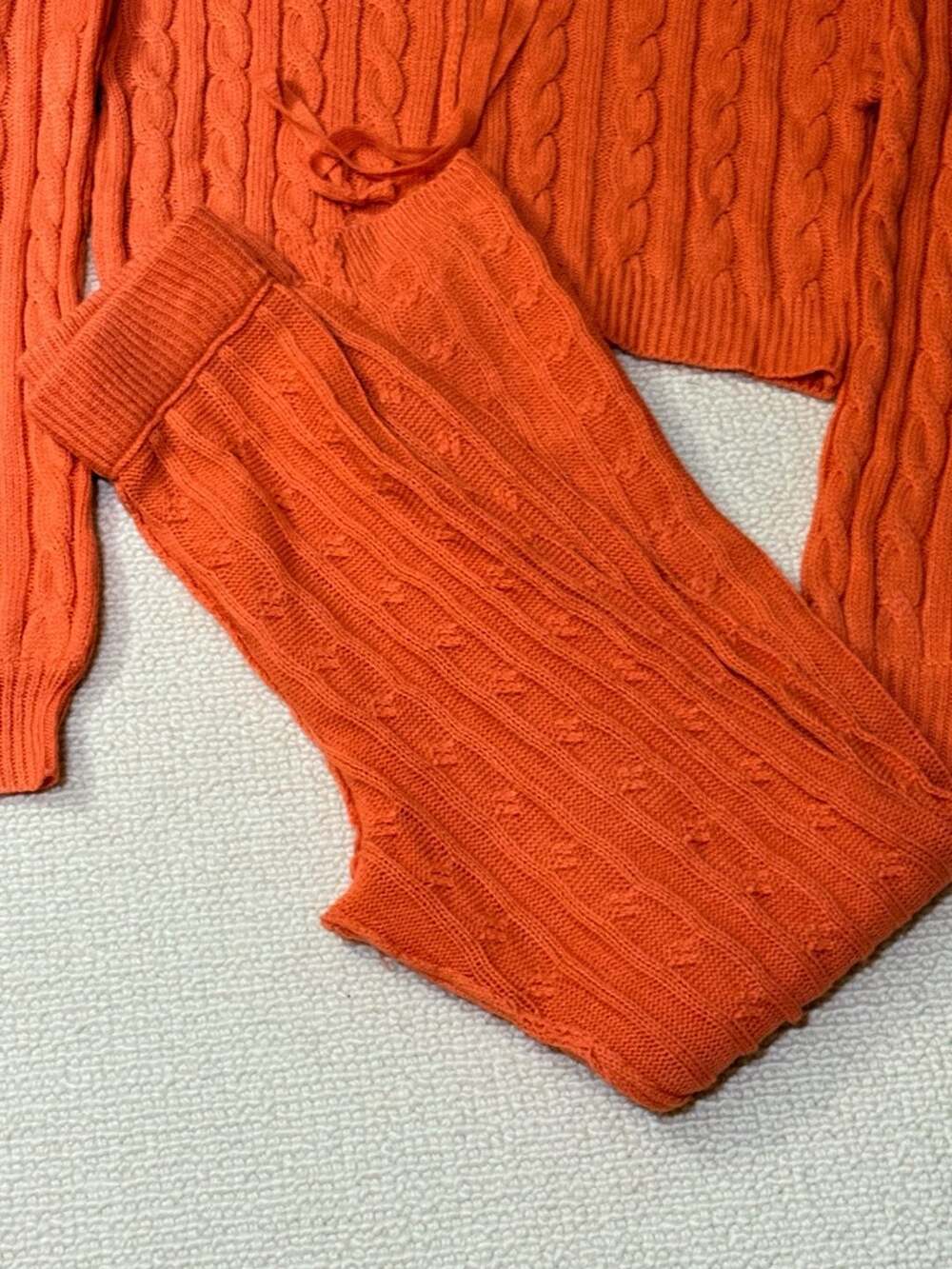 Orange Cable Knit Zip-Up Cropped Hoodie and Pants Set Size M